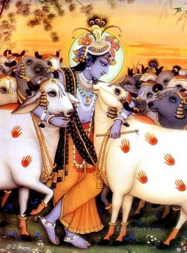krishna vaches grand Peinture à l'huile